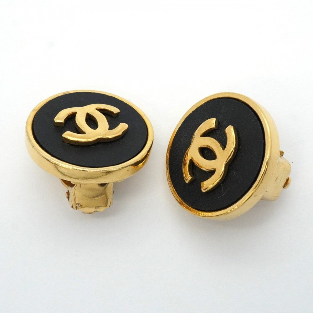 Chanel Coco Mark Circle Earrings, GP Plated Gold and Black, Women's - Picture 2 of 7